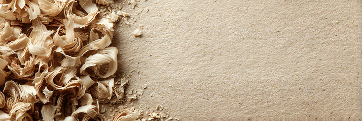 A textural background featuring a pile of light brown wood shavings and sawdust scattered on a plain, earthy-toned surface, ideal for woodworking concepts.
