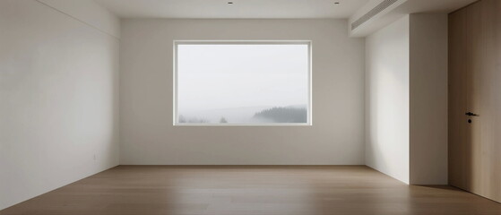 Empty room with large window showing outdoor scenery