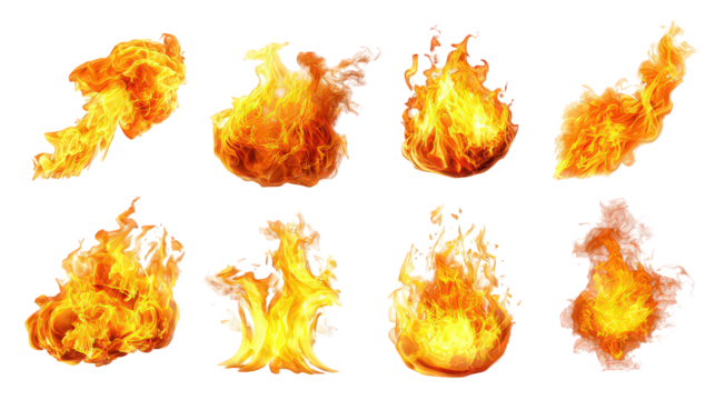 Collection Of Isolated Fire Flames In Orange And Yellow