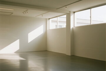 Empty white room with large windows and natural light