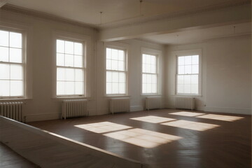 Obraz premium Empty room with large windows and wooden floor