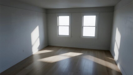 Fototapeta premium Empty room with two windows and wooden floor