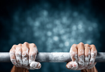 Muscular hands chalked up, tightly gripping olympic barbell before intense powerlifting workout with shadowy background and copy space