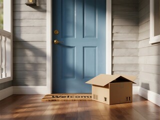 A Cardboard Box Placed Outside a Blue Front Door