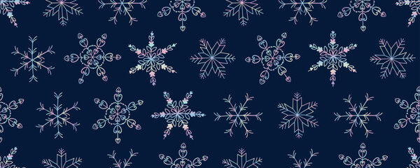 Vector seamless pattern of decorative snowflakes with pastel gradient lines on a dark blue background. Winter festive design for packaging, textiles, wallpaper, cards and holiday decor