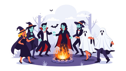 Halloween Campfire Gathering: A gathering of supernatural characters, witches, and ghouls around a campfire, with a witch, vampire, ghost, and bat, captured in a playful illustration.
