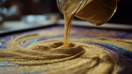 A person is pouring sand into a jar