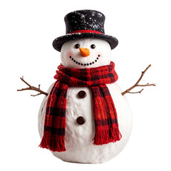 Cute and happy Christmas snowman with a scarf and hat isolated on a white background