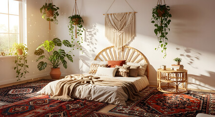 Sunlit bohemian bedroom interior with hanging plants, macrame wall decor, and layered rustic rugs