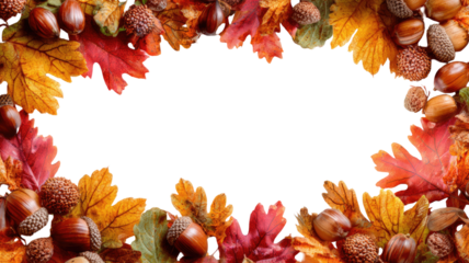 Autumn maple leaves and acorns forming frame seasonal foliage natural plant decorative object isolated on white background