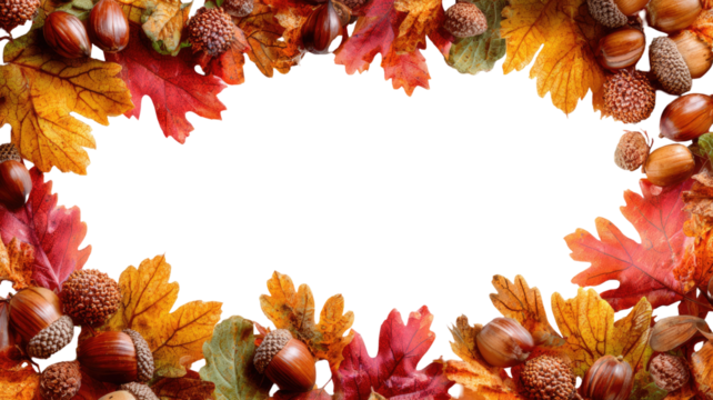 Autumn maple leaves and acorns forming frame seasonal foliage natural plant decorative object isolated on white background