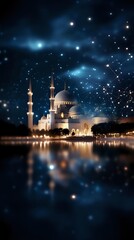 Fototapeta premium Majestic mosque with illuminated minarets reflecting in water at night, starry sky and glowing constellation pattern creates magical atmosphere. Suitable for religious themes.