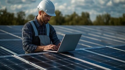Engineer Inspects Solar Panels: A skilled engineer in a safety helmet meticulously inspects a vast array of solar panels using a laptop, showcasing dedication to sustainable energy