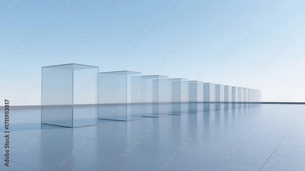 Poster row of transparent glass boxes in a minimalist and modern setting