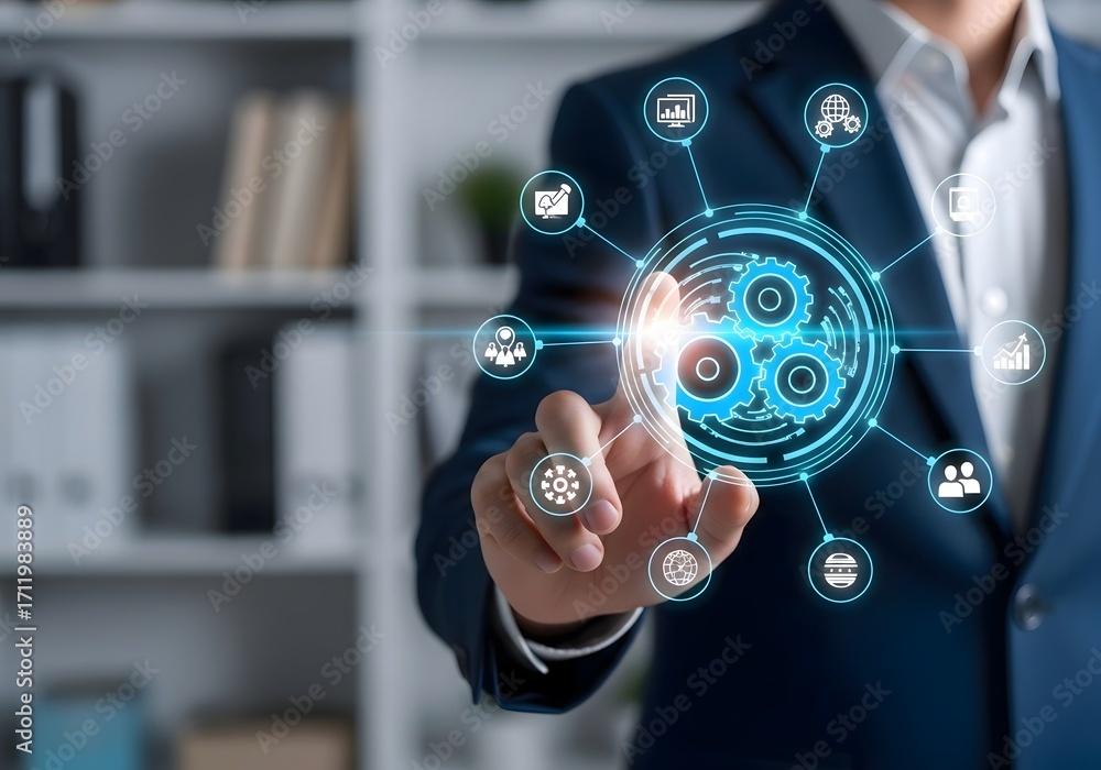Poster A man in a suit touching a digital interface with gears and various business related icons around it