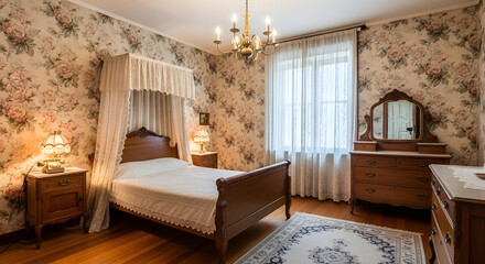 Cozy Bedroom with Antique Furniture and Floral Wallpaper A Comfortable Retreat