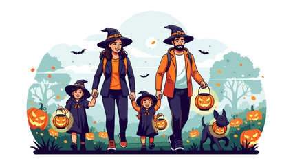 Halloween Family Adventure: A lively family embraces the Halloween spirit, with matching outfits and carved pumpkins in a vibrant outdoor illustration. They're on a cheerful quest.
