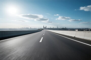 Smooth highway with city skyline under bright sun