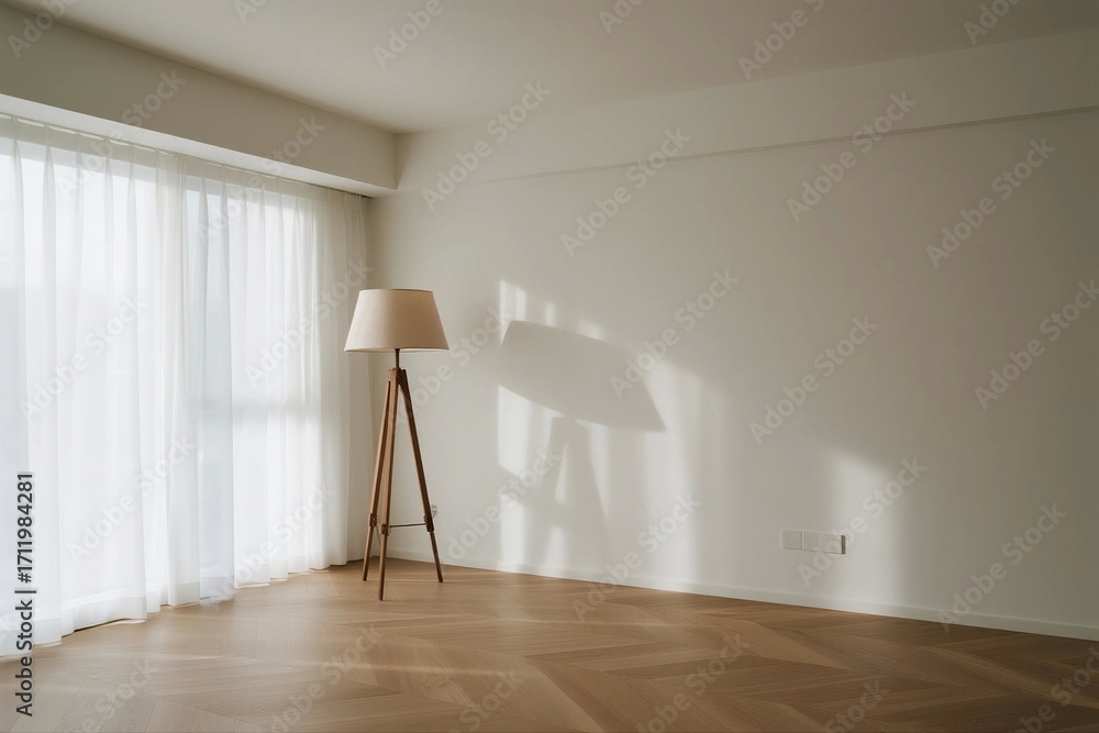 Poster bright and empty room with floor lamp and sheer curtains