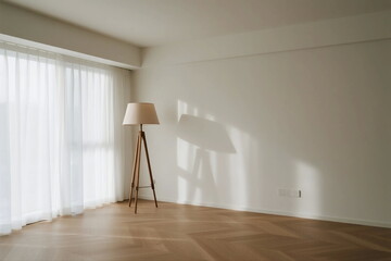 Bright and empty room with floor lamp and sheer curtains