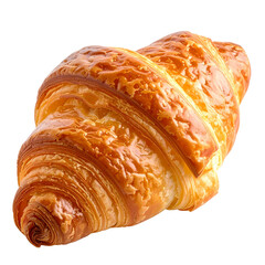 Freshly baked golden croissant, a sweet breakfast pastry, isolated on a white background
