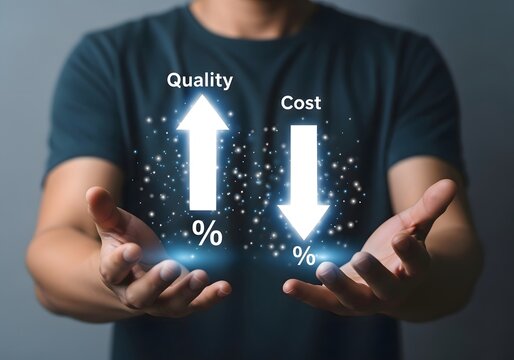 A person holding up quality and cost arrows with percentage signs in a dark blue background color