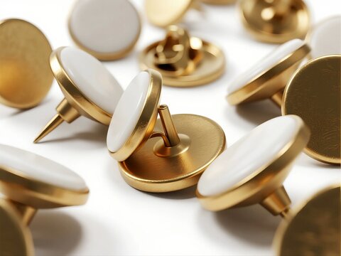 Close-up of golden push pins with white heads on white background