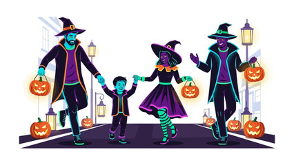 Halloween family portrait: A family dressed in Halloween costumes walking on the street with pumpkin lanterns with bright lighting. Capturing the spooky and family time moments.