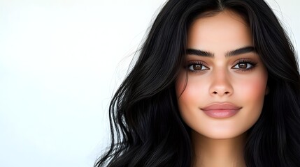 Naklejka premium Young Middle Eastern woman with long dark hair and natural makeup smiling confidently against white background, representing beauty, wellness and positive self-image.