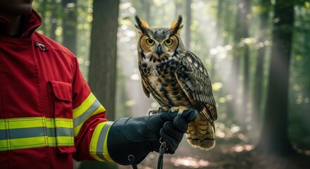 Rescued Owl Perched on Keeper's Arm in Forest Clearing