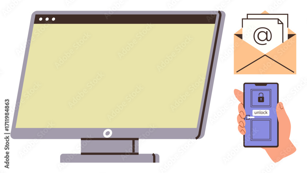 Poster computer monitor, smartphone screen with lock and unlock button, and email icon. ideal for cybersecu