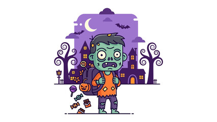Halloween Zombie Kid: A cartoonish zombie kid joyfully explores a haunted house at night, surrounded by candy and the spooky atmosphere of Halloween.