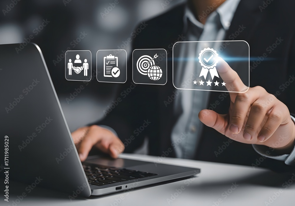 Poster A person interacting with digital icons on a screen near a laptop in a business setting seen close up