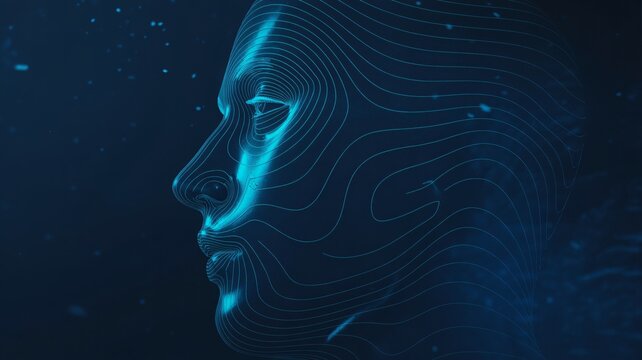 Futuristic wireframe head profile in neon blue glow, modern technology