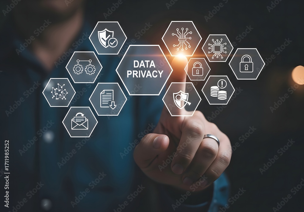 Poster a person touching a data privacy icon surrounded by security and technology related icons on a scree
