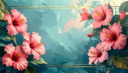 Pink Hibiscus Flowers on Turquoise Background with Golden Frame – Tropical Floral Art