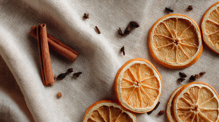 Fototapeta premium A cozy arrangement of dried orange slices, cinnamon sticks, and cloves on a light, textured fabric background, evoking warmth and natural aromas. 