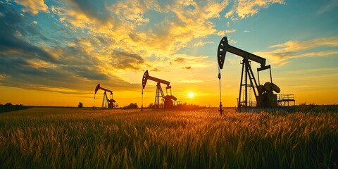 Naklejka premium Oil pump silhouette in field during golden hour light