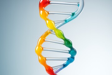 Colorful abstract DNA double helix structure with glossy texture on gradient light background symbolizing genetic science and biotechnology concept. Ai generative
