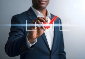 African american man in suit marking a red checkmark on a digital checklist interface screen