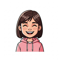 Obraz premium Illustration of happy young girl with short brown hair wearing a pink hoodie