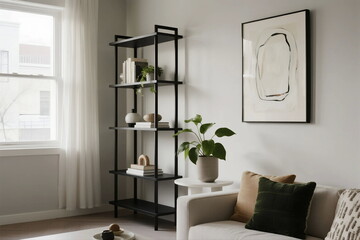 Modern living room with black shelf and decorative plants