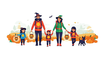 Halloween Family Adventure: A heartwarming illustration of a family dressed in festive costumes, embarking on a Halloween adventure. They stroll through a pumpkin patch.
