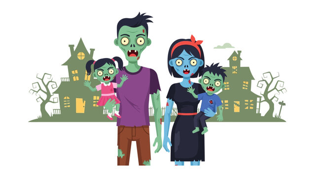 Zombie Family Illustration: A quirky and whimsical illustration portrays a zombie family, posed in front of a haunted house against a soft pastel background, perfect for Halloween concepts.