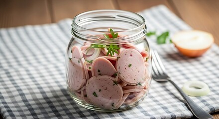 Jar of Pickled Sausages Close-up.