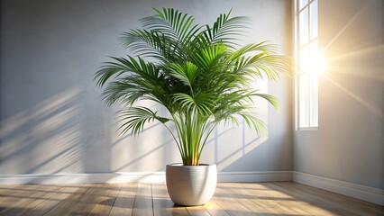 Indoor Areca Palm Plant in Pot with Sunlight Streaming Through Window