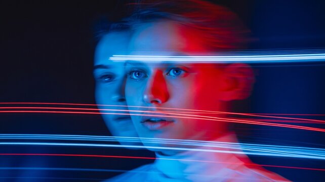 Intense dual portrait with abstract light trails evokes dynamic motion and identity