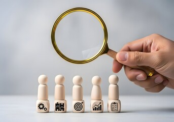 Fototapeta premium Hand holding magnifying glass over wooden figures with business icons on blocks in neutral tone
