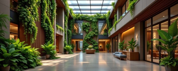 Fototapeta premium cinematic visualization of eco friendly modern lobby with greenery hyper realistic detail showing vertical plants natural materials lighting ambiance creating refreshing welcoming guest experience atm