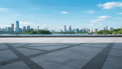 Fototapeta premium Urban skyline with empty pavement under clear blue sky